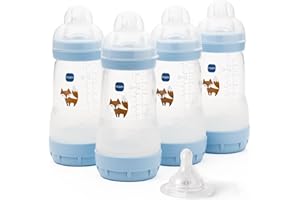 MAM Easy Start Anti-Colic Baby Bottles | 4 Pack (4X 260ml) | Self-Sterilising Baby Milk Bottle | Medium Flow MAM Teats Size 2 + 1x Fast Flow Teat Size 3 | Powder Blue (Various Designs)