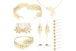 DPKOW Accessoires de Costume de déesse Grecque pour Femmes, Parure de Bijoux de déesse Grecque Bandeau Peigne Pince à Cheveux Collier de Laurier Romain Boucles d'oreilles Bracelet Tatouage Facial