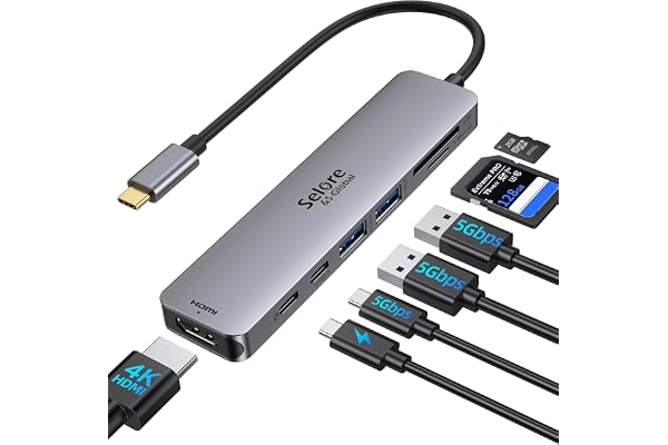Adaptateur USB C, Selore Hub USB C HDMI 4K, Ports USB 3.0, Lecture de Carte SD/TF, Dock USB C 7-en-1 pour MacBook Pro 2020 MacBook Air 2020 Huawei Matebook ChromeBook Pixel Tablette USB Type C