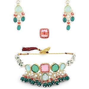 ZAVERI PEARLS Multicolor Stones & Beads Multistrand Beaded Kundan Choker Necklace Earring & Ring Set For Women-ZPFK15095