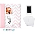 Pearhead Chevron Baby Memory Book First 5 Years Baby Milestone Book, with an Included Clean-Touch Ink Pad to Create Baby's Handprint or Footprint, Pregnancy Journal, Newborn Girl or Boy Keepsake Pink