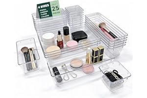 Ribech Set da 25 Scatole Organizzatrici per Cassetti, 4 Misure con Punti Antiscivolo, Organizer Impilabile Trasparente per Trucchi, Cucina, Bagno e Ufficio