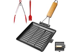 Behogan Padella Grill in Ghisa 20x20cm con Manico Rimovibile, Padella Quadrata per Grigliare e Arrostire, Facile da Pulire, Compatibile con Tutti i Piani Cottura, Nera, Pinza in Silicone