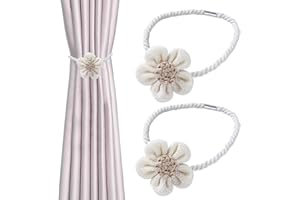 HEALIFE 2er Set Magnetische Vorhang Raffhalter - Blumen Vorhanghalter für Boho Deko - Magnetische Gardinen Raffhalter - Einfach und Elegant - Beige Seil - Haus Dekoration