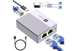 Honpzz Ethernet Splitter 1 to 2, 1000 Mbps High Speed Network Switch, LAN Switch 2 Port with Type-C Power Cable, RJ45 Gigabit Ethernet Switch for Computer, Hub, Switch, Router