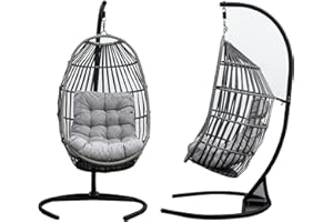 Tilz Gear Egg Chair Outdoor - Hanging Swing Egg Chair - Stand Indoor Patio Outdoor, Hanging Egg Chair, Hammock Ratten, With Fire Retardant Cushion Luxury Steel Wicker Egg Basket Seat (Single)