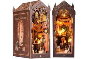 KUWUNG DIY Book Nook Kit with Dust Cover, Miniature Dollhouse Booknook with LED Light and Furniture, 3D Wooden Puzzle Art Bookshelf Insert Decor, Creative Booknooks Building Model Kit (Magic Library)