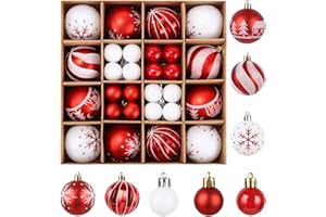 FAOKZE Juego de Bolas de Navidad, Bolas de Navidad Blancas y Rojas, 44 Piezas, 6 cm y 3 cm, Adornos Arbol Navidad, Bolas de Plástico Blancas y Rojas para Decoración Arbol Navidad Casa