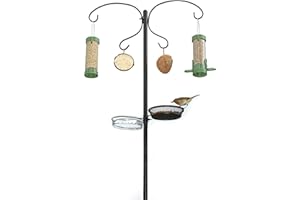 Wild Bird Feeders Hanging Station - Bird Feeder Hanger with Four Hooks, Free Standing Metal Pole, Great for Gardens and Outdoor Use, Includes Water Bowl and Feeding Tray (Black) (2.2m x 25mm) - RSPB