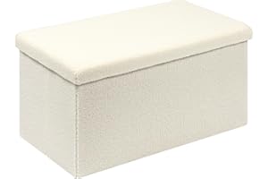 Bonlife Ottoman Bench,Large Toy Storage Box with Lid,Folding Footstool with Storage for Living Room,Hallway,Boucle Fabric,White,80x40x40cm