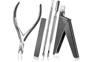 ALLE'S Cortaúñas de acrílico 5 en 1 Kit con lima de uñas, cortador de cutículas y cutículas, removedor de esmalte de uñas, acero inoxidable, herramientas de manicura profesional para uñas de dedos, negro