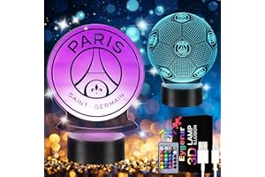 EYGERUR Lot de 2 Paris Football Veilleuse 3D LED Enfants, Surprise Cadeau Foot Garcon 3 4 5 6-12 Ans, 16 Couleurs USB Smart Remote Control Football Lampe, Decoration Chambre Cadeaux Parfaits pour Les Fans