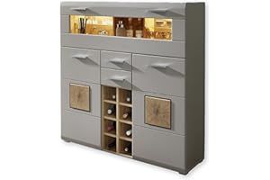 Stella Trading Fun Plus 2 - Armario de Bar en basalto con Aplicaciones de Madera de Testa, Moderno aparador Alto con iluminación led, 120 x 129 x 37 cm (Ancho x Alto x Profundo)