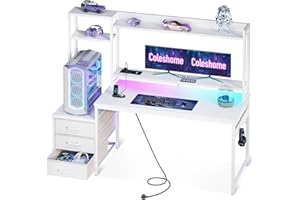 Coleshome Escritorio Gaming con Estanteria y Cajones, Mesa Gaming con Iluminación LED & Toma de Corriente, Escritorios para PC con Repisas de Almacenamiento (Fibra di Carbonio Bianco, 137×48 cm)