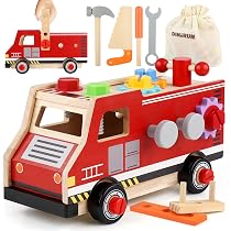 Giocattolo Educativo Camion dei Pompieri in Legno Smontabile e Montabile con Cacciavite e Chiave, Giochi Montessori e Set Montaggio per Bambini 3 4 5 6 Anni, Regalo Bambino