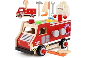 DINORUN Outils Enfant Jouet en Bois, Boite a Outils, Camion de Pompier Voiture Enfant, Montessori Jeux, 47 Pièces Jeux avec Boîte à Outils, Cadeau Garcon Fille 3 4 5 Ans