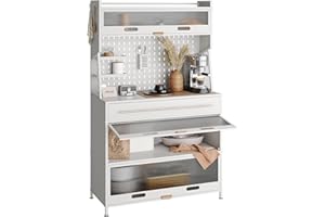 NETEL Kitchen Bakers Rack with Drawer, Kitchen Cabinets with Worktop,Power Holes and Wheels,Kitchen Dresser Cabinet,Kitchen Pantry Cupboard Free Standing,Coffee Bar Station