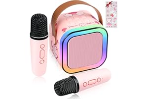 LAMJAD Karaoke Machine Kids for Girls Toys with 2 Microphones,Mini Karaoke Machine Portable Bluetooth with LED Light Cartoon Stickers, Gifts for Gils Boys Birthday Party 3-18Year Old, Home KTV(Pink)