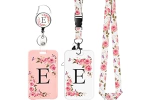 FIDWALL 2 pièces Porte Badge avec Lettres A-Z, Lanière Détachable et Clip Rétractable, Porte Cartes Personnalisé avec Enrouleurs de Badge pour Femmes Infirmières Enseignants Étudiants Bureau (E)