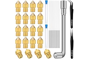 Hakkin 20PCS 0.4mm 3D Printer Nozzles MK8 Extruder Nozzles,with 10 PCS Stainless Steel Nozzle Cleaning Needles,2PCS Precision Tweezer, 1PC Nozzle Spanner for Makerbot Creality CR-10 Ender 3 5