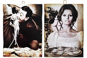 KUSTOM ART Set di 2 Quadretti Stile Vintage Attori Famosi - Totò e Sofia Loren Che Serve La Pizza - Stampa su Legno per Arredamento Ristorante Pizzeria Trattoria Bar Albergo Locanda