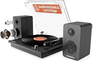 Platine Vinyle 50W avec Haut-parleurs | Platine Vinyle Bluetooth avec Lecture Multiple, arrêt Automatique, Adaptateur 45 Tours et Cartouche AT-3600L | Oakcastle TT200