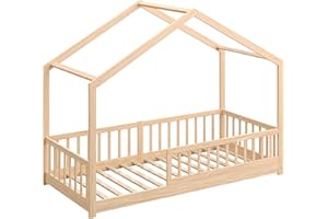 CADANI Malte Hausbett Natur 90x200 cm, Bodenbett Rausfallschutz abnehmbar, Kinderbett Umbaubar, Montessori Design, mit Roll-Lattenrost