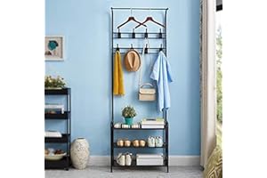 Innotic Porte Manteau, 3-en-1 Vestiaire Entrée, Meubles pour Entrée avec 3 Étagères à Chaussures et 16 Crochets, 182cm Porte-Manteau sur Pieds en Acier, Meuble Chaussure Entrée Couloir, Noir