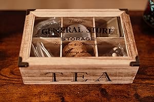 HomeZone Shabby Chic Vintage 6 Compartment Tea Bag Box Caddy Storage Tea Display Box Rustic Look Kitchen Ware Home Vintage Style Tea Chest