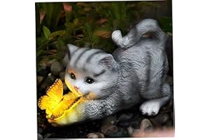 Hemore Statue de Garden Cats, 5,9 Pouces de Figurines de Chats en résine avec Lanterne à Papillon à LED Solaire, Sculpture Animale étanche, décoration de Micro-Paysage de Jardin pour Yard de