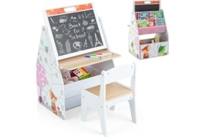 LIFEZEAL Tavolino Bambini con Sedie, Tavolino con Libreria, Lavagna Doppio Faccia e Contenitore Pieghevole per Giochi, Tavolo Multiattivita e Sedia per Cameretta, Tavolo per Bimbi 3-6 Anni (bianco)