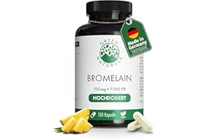 ‎GREEN NATURALS Bromelain - Hochdosiert: 750 mg (7.500 F.I.P.) - 150 Kapseln - 5 Monate Vorrat - magensaftresistente Kapseln - Natürlicher Ananas Extrakt - Green Naturals®