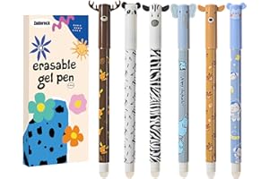 Zadoreck Lot de 6 stylos animaux effaçables,elephant,panda,daim,renne,singe zèbre les extrémités pour enlever l'encre,stylo bleu effacable,thermosensible,diamètre de la pointe 0,5 mm gomme