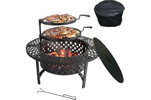 Relaxdays eldstad Ø 92 cm, 2 justerbara grillgaller, lock
