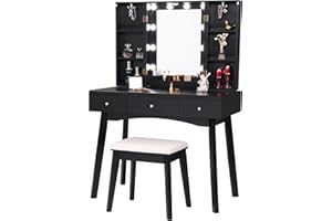ANWBROAD Toletta Tavolo da toeletta 10 Lampadine a Toeletta con Luci LED 3 Colorazioni Armadio Ebraismo Vanity Table con 3 cassetti 2 Divisori fai da te Sgabello imbottito nero mobile BDT09B