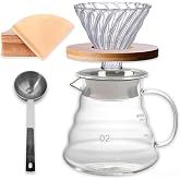 LACIVETA V60 Borosilicate Glass Coffee Maker (600ml), V02 Natural Paper Filters (40 Units) and Measuring Spoon 15g, V60 Drip