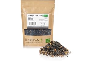 FRISAFRAN | Thé noir Chai en vrac Bio 200g | Antioxydant | Énergisant | Anti inflammatoire | détox | décaféiné | naturel | sans additifs | thé aux épices | Mélange instantané de poudre de thé chai