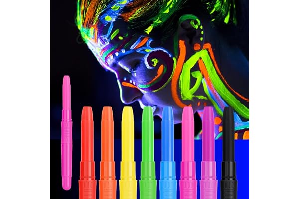 URAQT 8PCS Crayons de Peinture Fluo Fluorescents UV, Crayons de Peinture Lumineux pour Visage Corps Crayon Maquillage pour Enfants et Adultes, Festival, Anniversaire, Halloween, Maquillage Cosplay