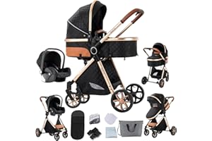 Veitoalioy Poussette 3 en 1, Haute vue Poussette Bebe Pliante, Poussette Poussant Avant Et Arrière En aluminium, Système De Voyage Pour Bébé (V9 Black)