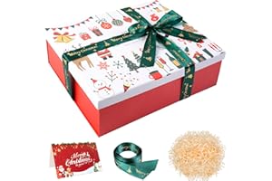 QHSXMQ Geschenkbox Weihnachten, Geschenkboxen mit Deckel, 290 x 210 x 105 mm, Große Leere Geschenkbox für Geschenke mit Schleife und Grußkarte, Faltbare Weihnachtsbox für Weihnachtsfeierzubehör (Rot)