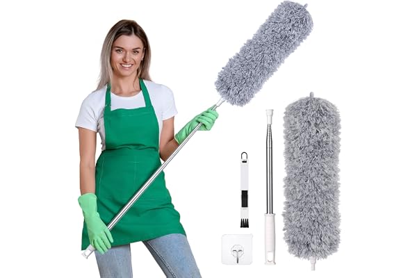 Vicloon Plumeau Poussière, Plumeau Télescopique Microfibre avec Poignée en Acier Inoxydable Plumeaus Lavable Parfait pour Éliminer la Poussière chez Vous ou dans Votre Voiture, Gris Clair 13*34*245cm