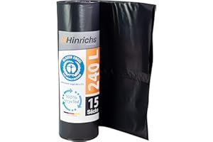 Hinrichs Sacs Poubelle 240 L Ultra Resistant - 100x125 cm - Rouleau de 15 - Fabriqué à partir de LDPE recyclé - Noir - Sachet à ordures pour Jardins, Maisons et Chantiers de Construction