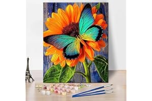 TISHIRON Dipingere con i numeri, per adulti, farfalla, dipingi con i numeri, girasole, per bambini, fai da te con i numeri, kit su tela con pennello e pigmento acrilico, 40 x 50 cm (senza cornice)