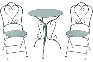 GlamHaus Garden Bistro Patio Set, 3 Piece Outdoor Or Indoor Metal Foldable Furniture, 2 Chairs And 1 Table For Balcony, Decking, Terrace, Lawn, Antique Shabby Chic - Seychelles (Duck Egg Blue)
