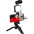 Grundig Phone Tripod with Lamp - Tripod with Microphone - LEDs with 3 Colour Settings - for Phones from 53 to 84 mm - Table Model and Selfie Stick - Plastic Material - Black