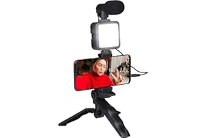Grundig Trépied Téléphone avec Lampe - Tripod avec Microphone - LEDs avec 3 Réglages de Couleur - pour Téléphones de 53 à 84 MM - Modèle de Table et Perche à Selfies - Matériau en Plastique - Noir