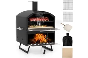 TANGZON Outdoor Pizza Oven, 2 Tier Wood-fired Pizza Maker with Waterproof Cover & Pizza Stone, Outdoor Garden Patio BBQ Pizza Cooker for Meat Fish Veg (with 2 Grills, 60 x 53 x 82 cm)