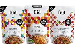 Fiid 100% Natural Vegan Microwave Sharing Ready Meals Flavour Multipack - 3x 275g - Chip Shop Curry, Lentil Chana Masala, Thai Lentil & Sweet Potato Curry (Vegetarian, High in Fibre & Protein)
