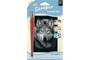 ‎MAMMUT SPIEL & GESCHENK MAMMUT 130004 - Kratzbild, Motiv Wolf, silber, glänzend, mini, Komplettset mit Kratzmesser und Übungsblatt, Scraper, Scratch, Kritzel, Kratzset für Kinder ab 8 Jahre