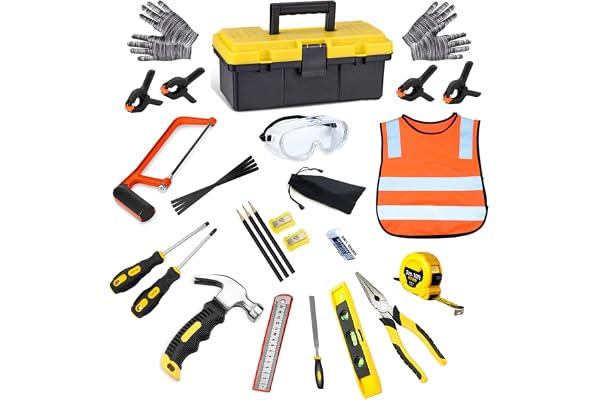 QeeHeng Ensemble d'outils de Travail du Bois pour Enfants, Ensemble de 30 Outils de Construction pour Enfants, kit d'outils à Main pour l'apprentissage de la Construction